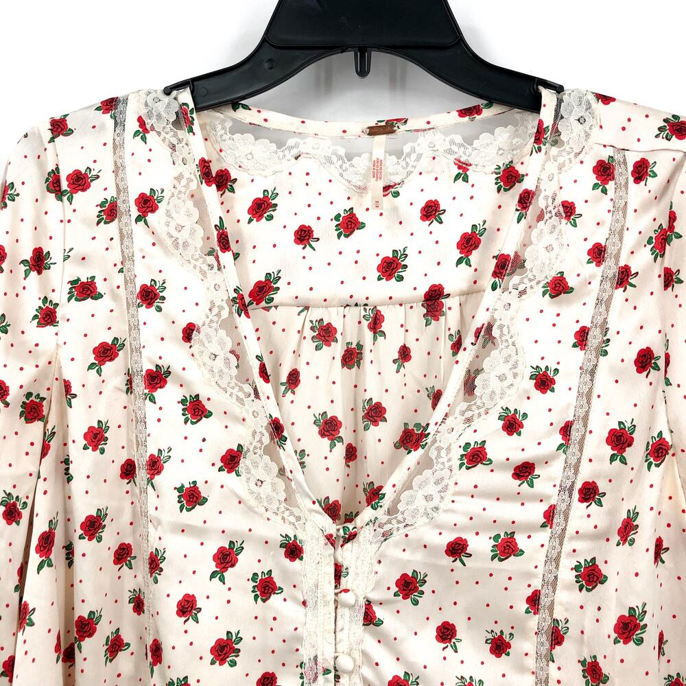 FREE PEOPLE Women's Field of Roses Top Medium Cream Red Long Sleeve NWOT - Picture 7 of 13